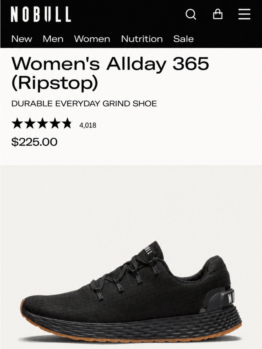 NOBULL Allday 365 Ripstop Athletic Sneakers - Black with Gum Sole - Women’s 9